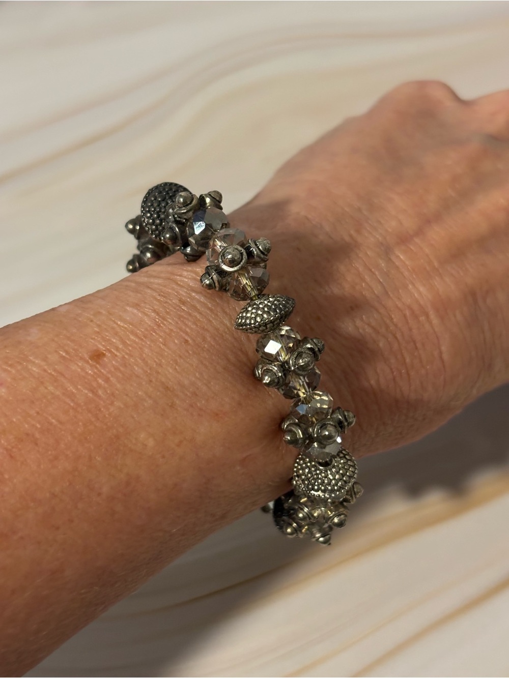 Antiqued Silver & Faceted Glass Beaded Stretch Bracelet